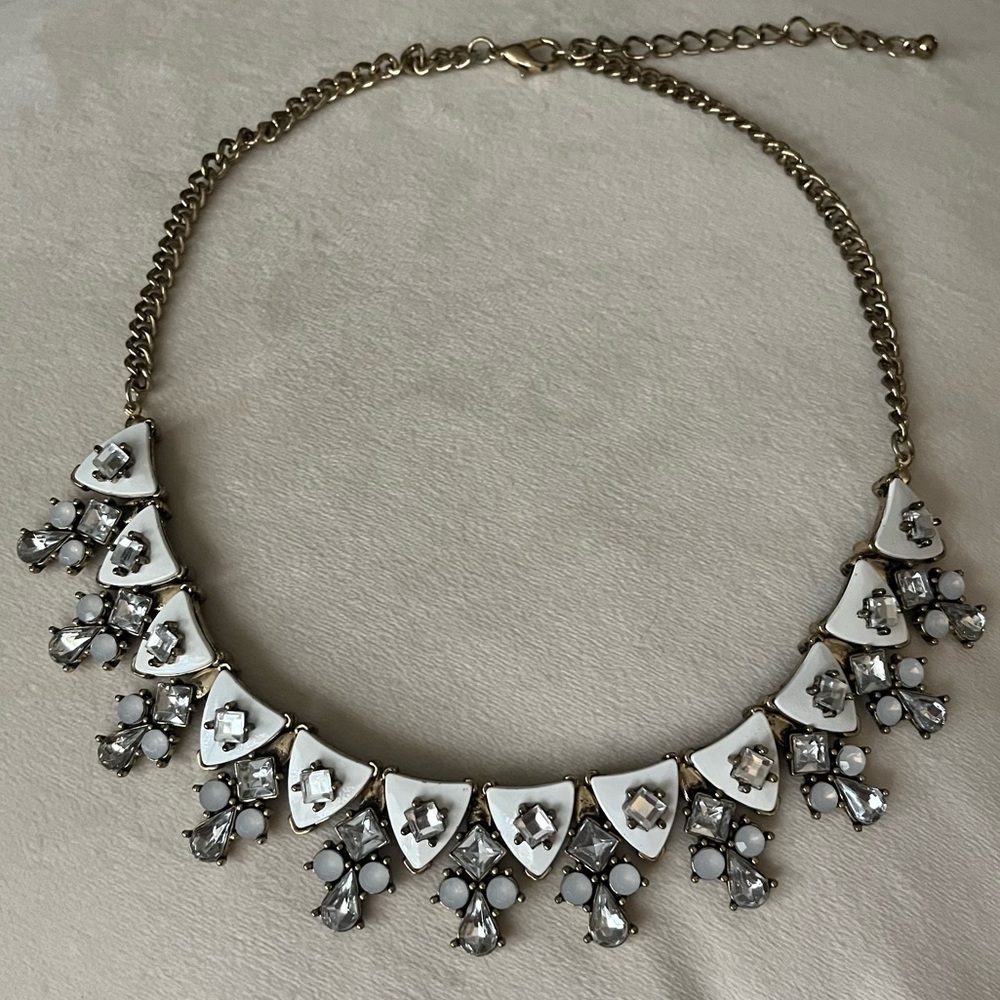 Statement Necklace White Enamel Faux Rhinestones & Milky Stones